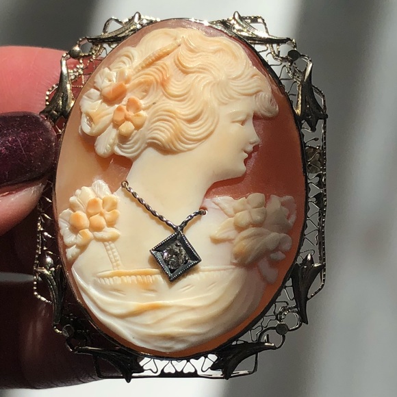 HPπππΎβ₯οΈππΌ14K White Gold Cameo Diamond Brooch/ Pendant - Picture 2 of 7